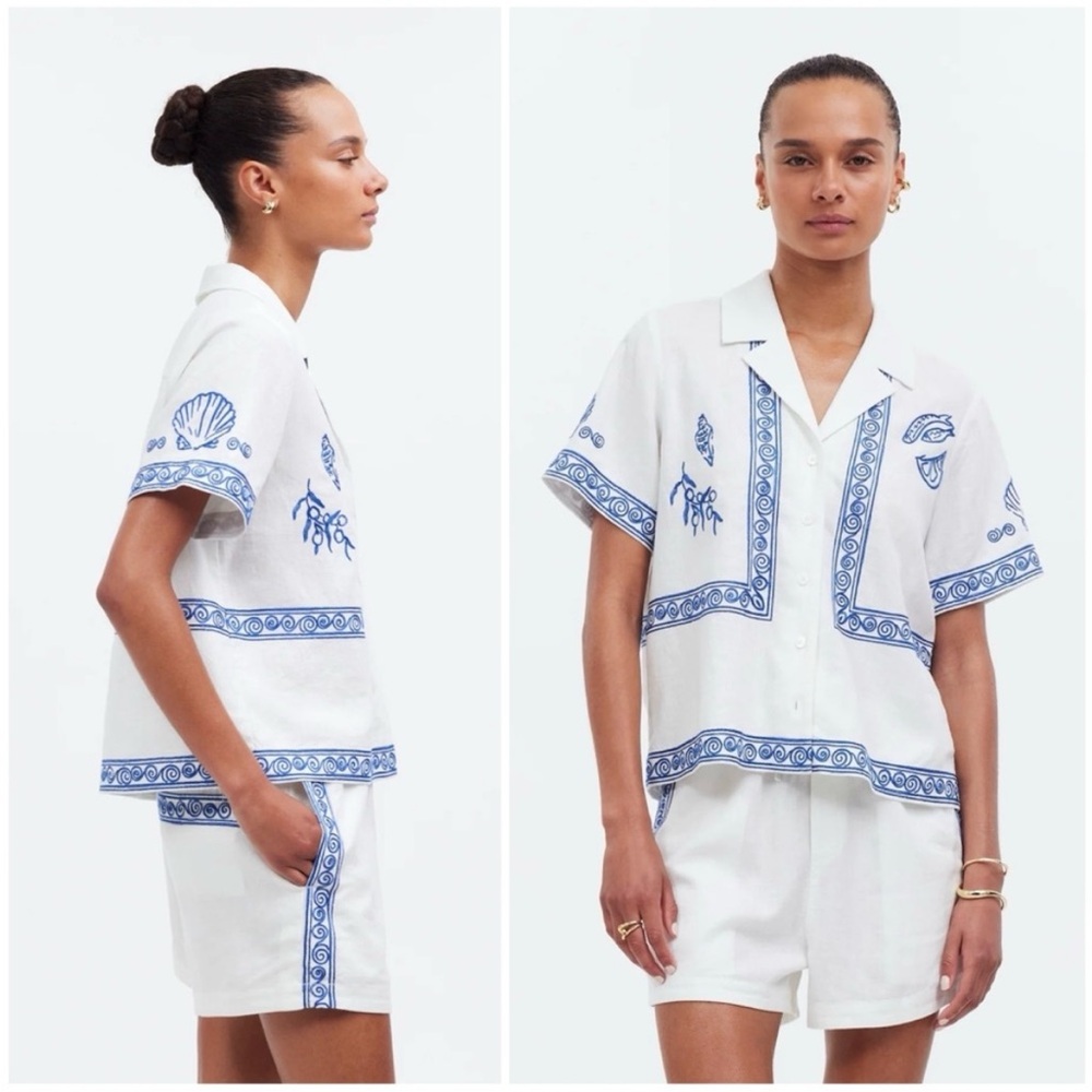 NWT Madewell x Lisa Says Gah • white and blue button down embroidered shirt sz S
